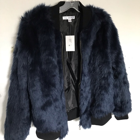 Say What? Jackets & Blazers - Faux Fur Bomber Jacket - Navy